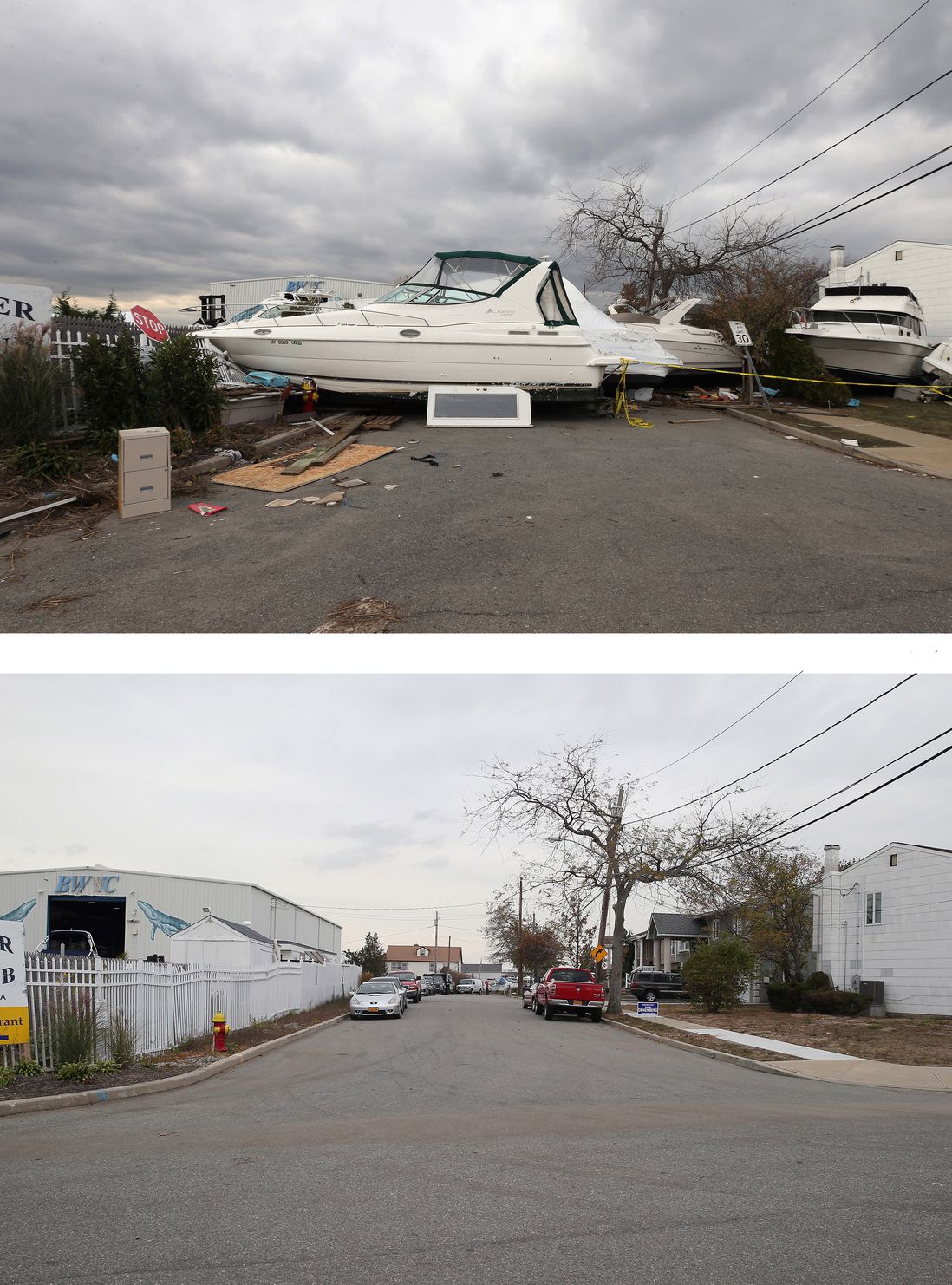 [Top] A boat from the Blue Water Club blocks Whaleneck Drive in the aftermath of Superstorm Sandy on November 1, 2012 in Merrick, New York. [Bottom] Cars sit parked on Whaleneck Drive, which had been littered with boats after Superstorm Sandy on October 22, 2013 in Merrick, New York.